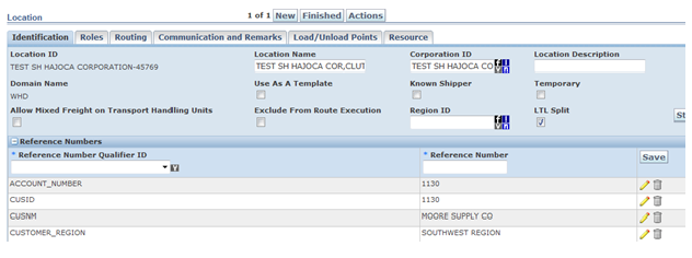 OTM Location Manager showing a sample location record