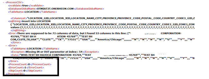 OTM CSV upload result showing Process Count and Error Count