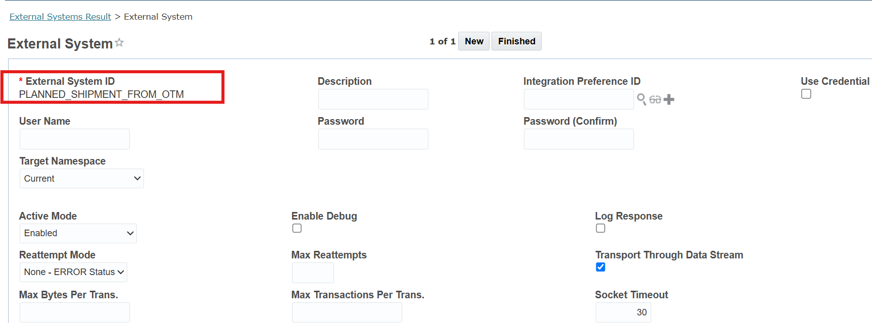 OTM External System form showing ID, credentials, and configuration options