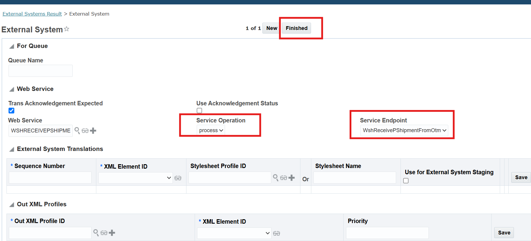 OTM External System — Service Operation and Service Endpoint fields highlighted