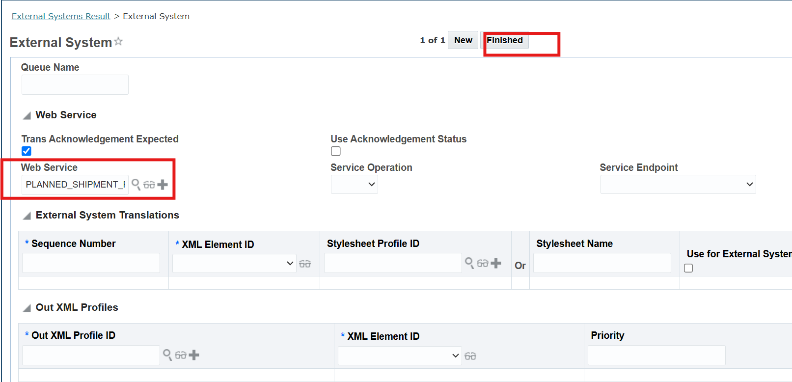 OTM External System — Web Service tab showing Out XML Profiles section