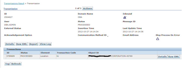 OTM Transmission Manager showing PROCESSED status