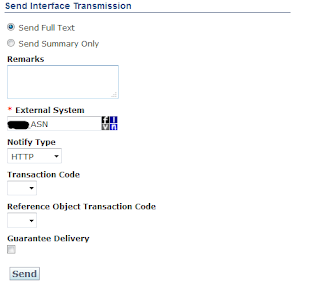 OTM Send Interface Transmission dialog showing External System selection