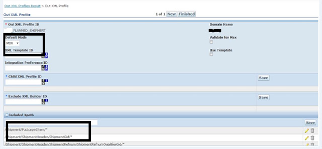 OTM Out XML Profile screen showing MIN mode and XPath configuration