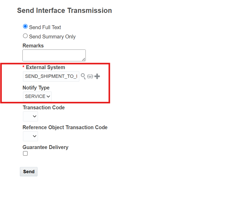 OTM Send Interface Transmission dialog — External System and SERVICE notify type highlighted