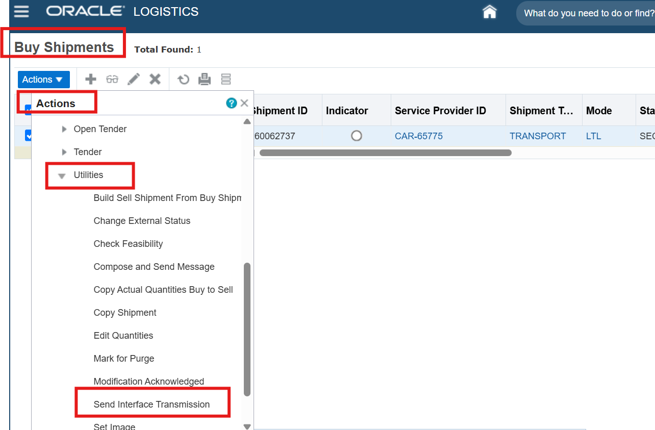 OTM Shipment Actions menu showing Send Interface Transmission option