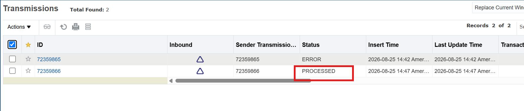 OTM Transmission Manager showing PROCESSED and ERROR status rows